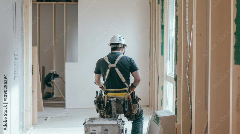 Poster a construction electrician installing electrical conduits in a commercial building under constructio
