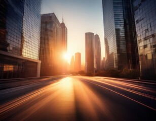 A bustling city street with towering skyscrapers illuminated by warm sunlight