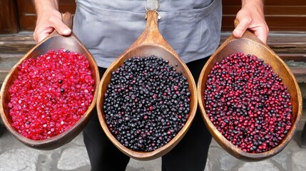 Freshly Harvested Berries Displayed in Wooden Bowls Featuring Vibrant Red, Deep Black, and Dark Pink Colors Perfect for Culinary, Health, and Natural Food Themes