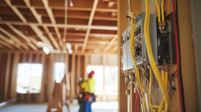 A construction electrician installing electrical wiring in a residential development, with electrical panels and safety equipment in the foreground, Residential electrical installation scene