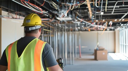 A construction electrician wiring electrical panels in a newly constructed commercial building, with electrical cables and safety equipment visible, Electrical installation scene
