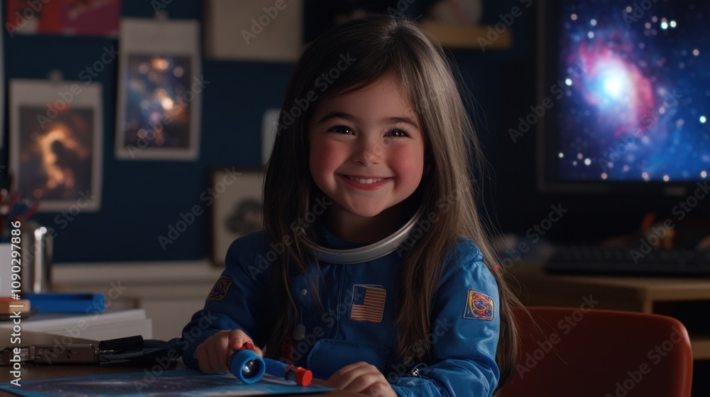 Poster a smiling child in a space-themed outfit, engaged in a creative activity at a desk.