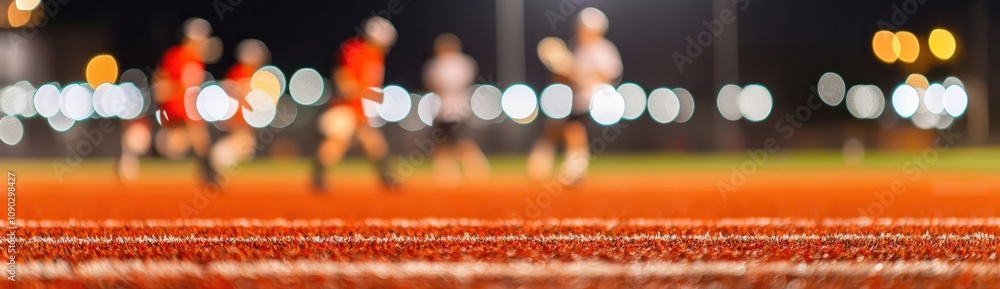 Poster a blurred image of players on a sports field, emphasizing motion and activity.
