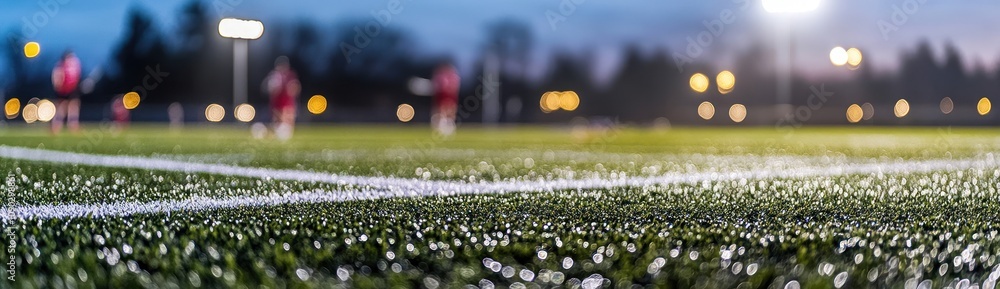 Poster A close-up view of a soccer field with players in the background under evening lights.