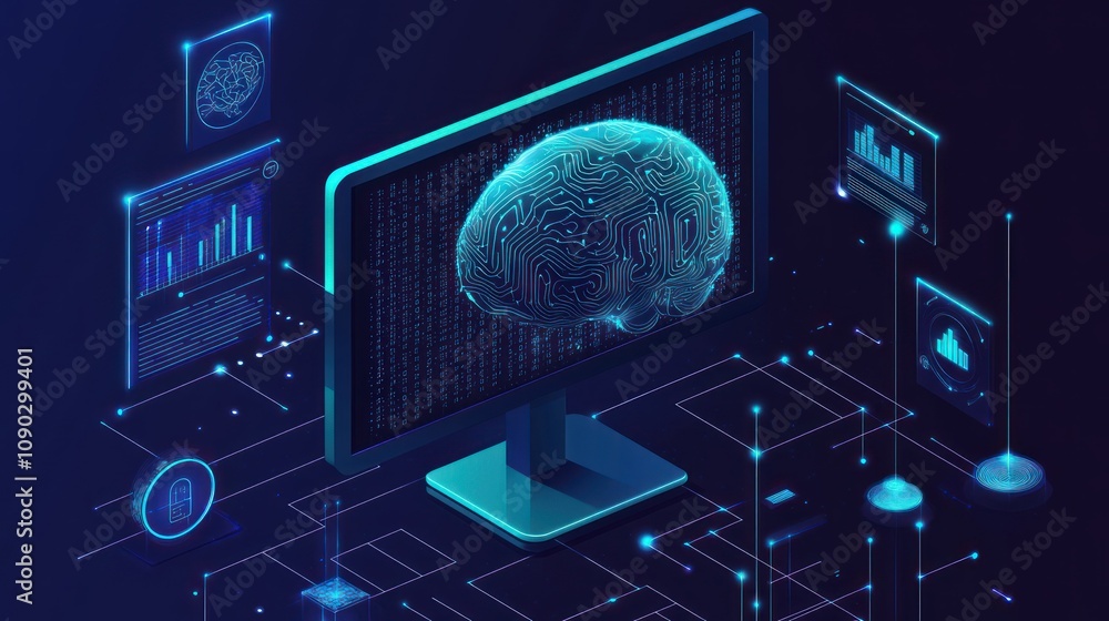 Poster a digital brain displayed on a monitor, symbolizing ai and data analysis.
