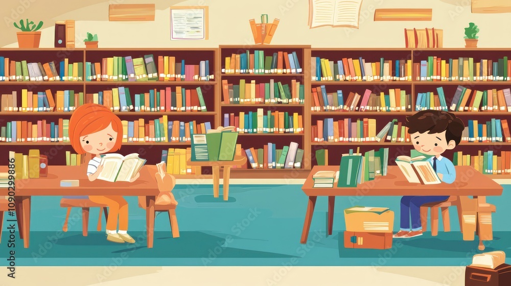 Poster children reading books in a cozy library setting with colorful bookshelves.