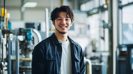 Obraz premium 工場で働く笑顔の日本人男性