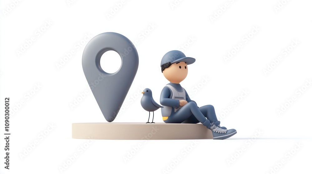 Poster a stylized figure sitting next to a location pin and a bird, representing navigation or travel.