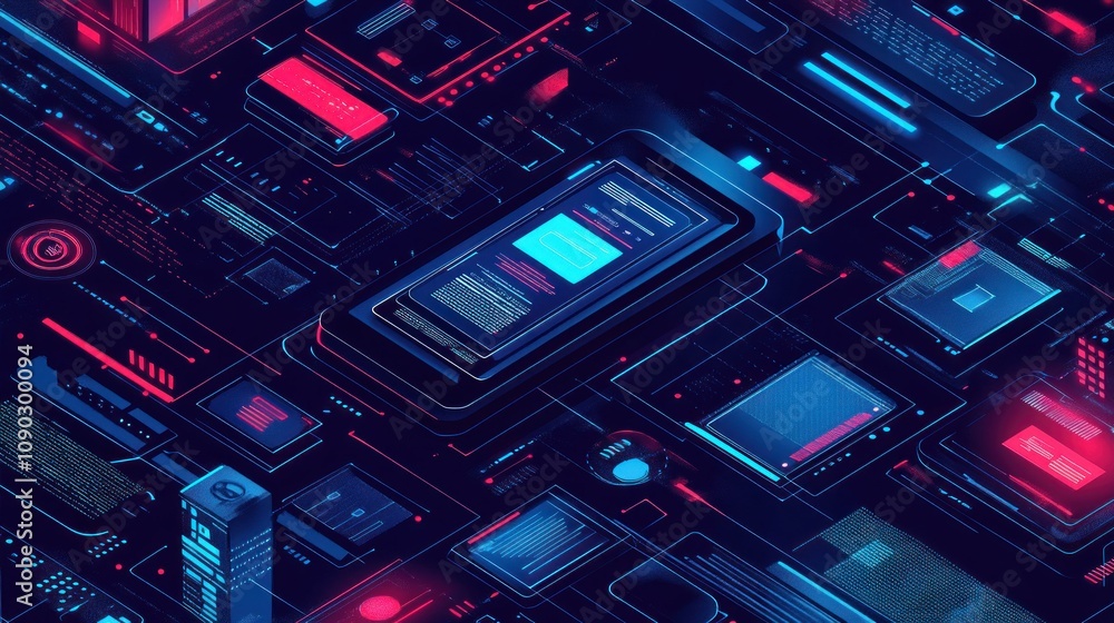 Poster A futuristic digital interface with glowing elements and a smartphone at its center.