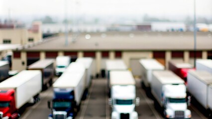Obraz premium Warehouse Parking Blur – A hazy view of transport trucks in a large warehouse parking lot. 