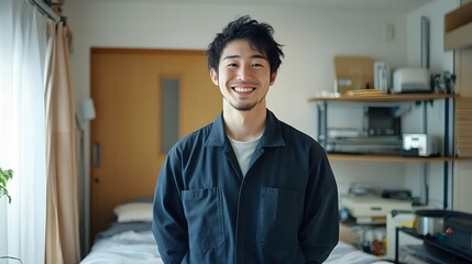 Fototapeta premium ミニマルなワンルームマンションに立っている作業服を着た若い日本人男性