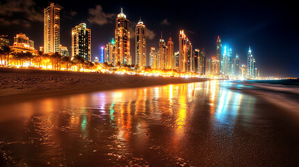 Fototapeta premium illuminated skyline of Dubai reflects beautifully on calm waters, showcasing vibrant cityscape at night. scene captures essence of urban life and tranquility