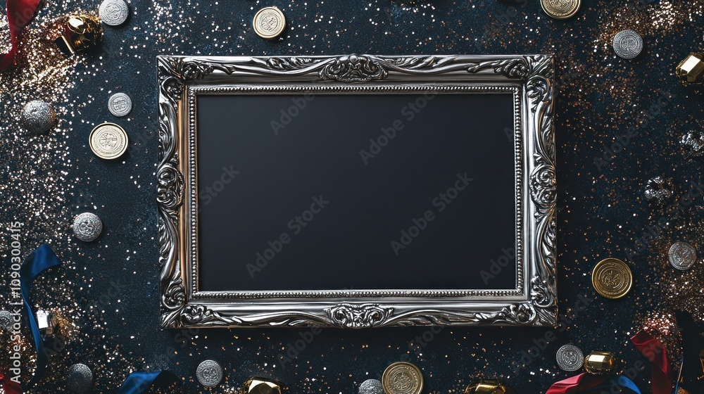 Poster a decorative silver frame on a dark background surrounded by coins and festive elements.