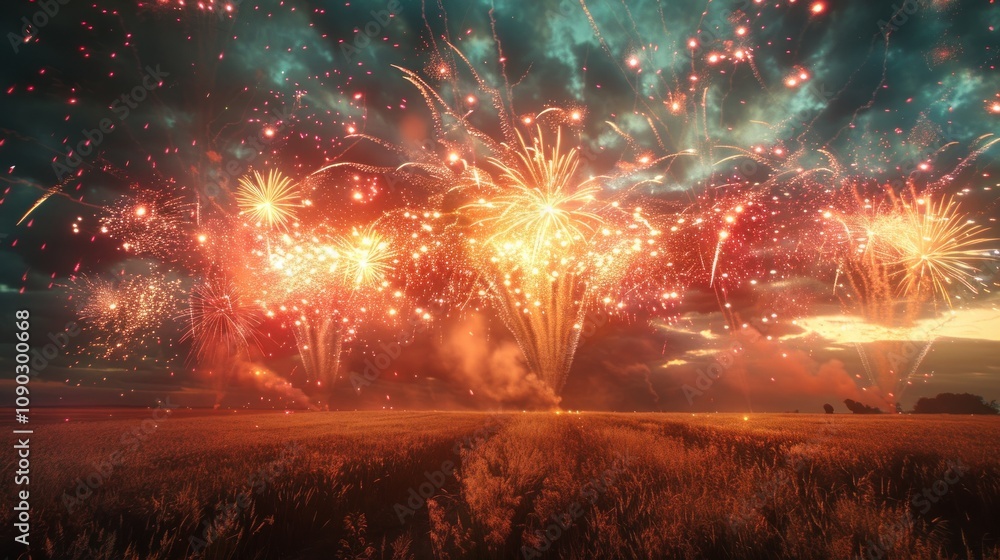 Poster a vibrant display of fireworks explodes over a golden field, illuminating the evening sky with dazzl