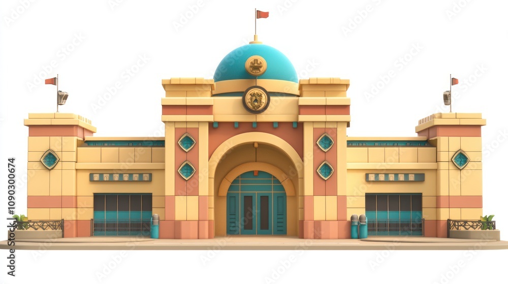 Poster a colorful building with a dome and flags, likely serving as a station or entrance.