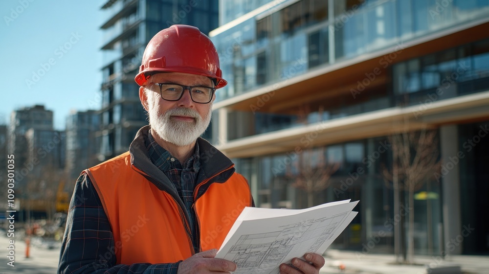 Poster A senior construction worker reviewing blueprints at a building site.