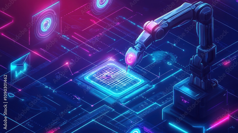 Aufkleber a futuristic robotic arm interacts with a digital grid, showcasing advanced technology.