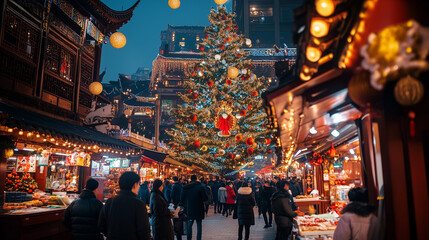 Naklejka premium Christmas in Chinatown, a large Christmas tree decorated with traditional Chinese ornaments in the middle of the night market, visitors wearing winter clothes while enjoying local food, Ai generated i