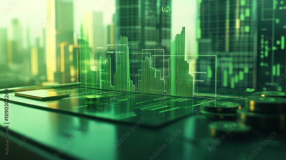 Poster a futuristic financial analysis display with graphs and coins on a sleek surface.