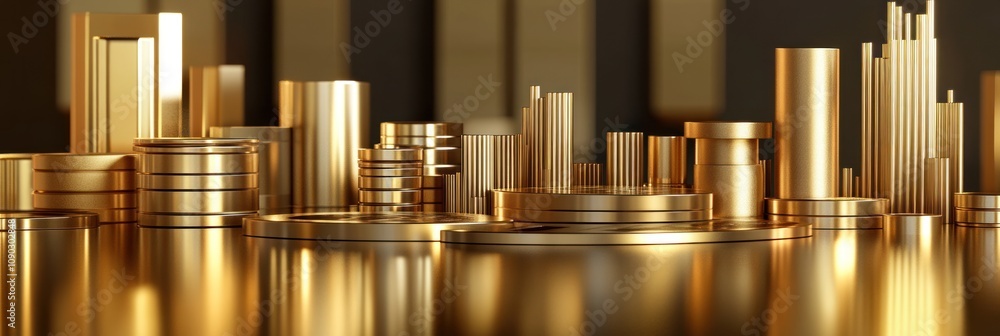 Poster a collection of golden coins and bars arranged artistically on a reflective surface.
