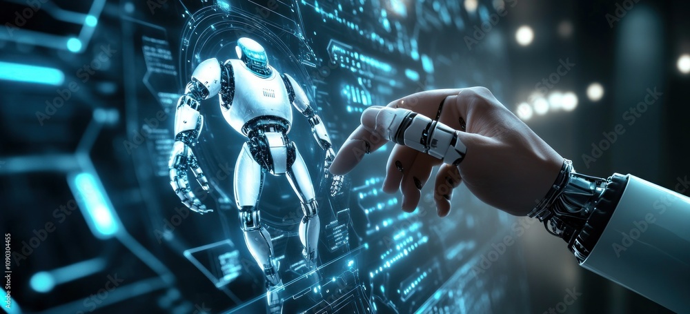 Leinwandbilder a robotic hand interacts with a holographic display showcasing a humanoid robot.