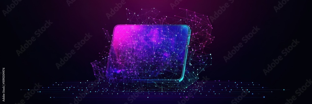 Poster a vibrant, abstract representation of a digital device with colorful particles.