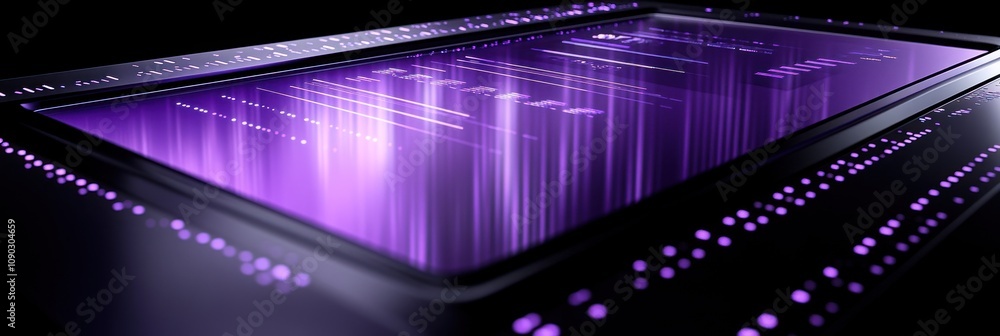 Aufkleber a close-up of a sleek, futuristic device displaying digital data in vibrant purple hues.