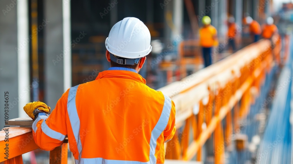 Poster a construction worker inspecting structural beams at a bridge construction site, with bridge support