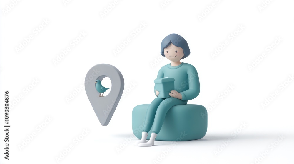 Poster a 3d illustration of a person sitting and reading, next to a location pin with a bird.