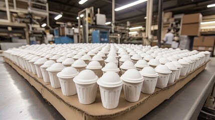 Large Array of White Disposable Ice Cream Cups Stacked Neatly in a Production Facility with Industrial Machinery and Workers Backdrop