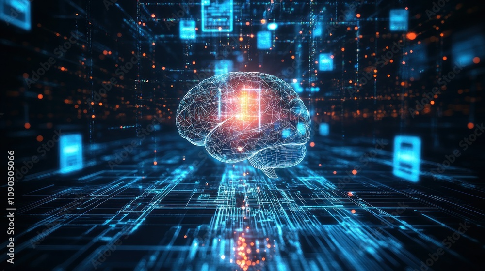 Aufkleber a digital brain surrounded by glowing data streams and circuits, symbolizing technology and intellig