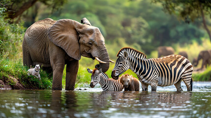 Fototapeta premium Elephants and zebras interact near serene water body in wild, showcasing beauty of nature. This peaceful scene captures essence of wildlife harmony