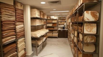 Display of various sheets of salt on metal shelves in a modern storage room showcasing the organization and texture of large mineral blocks and dried layers.