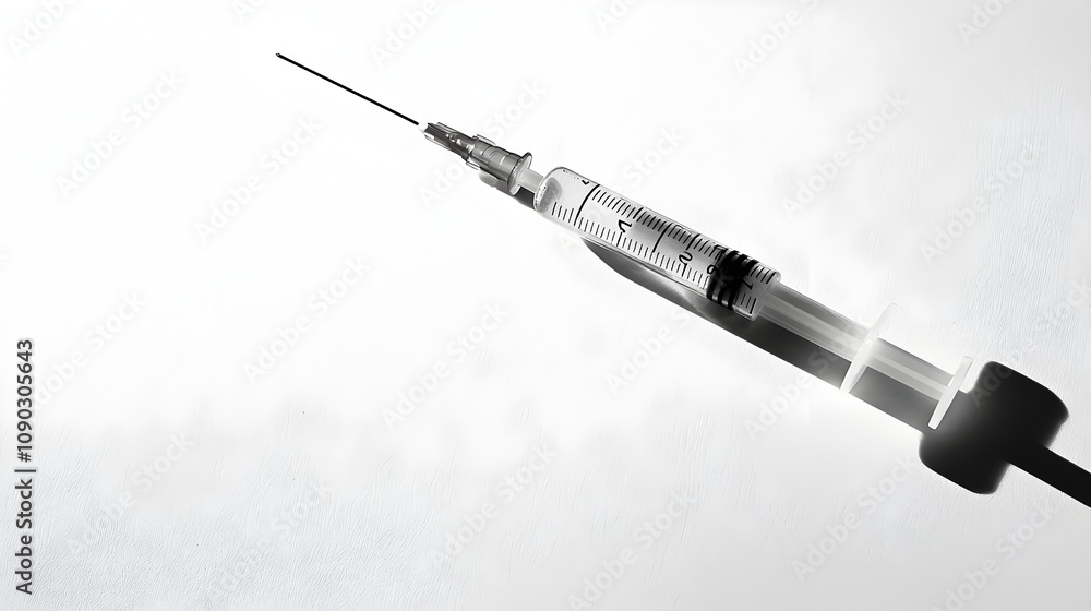 Poster a conceptual raw image of a large syringe suspended in a minimalist white space casting soft shadows