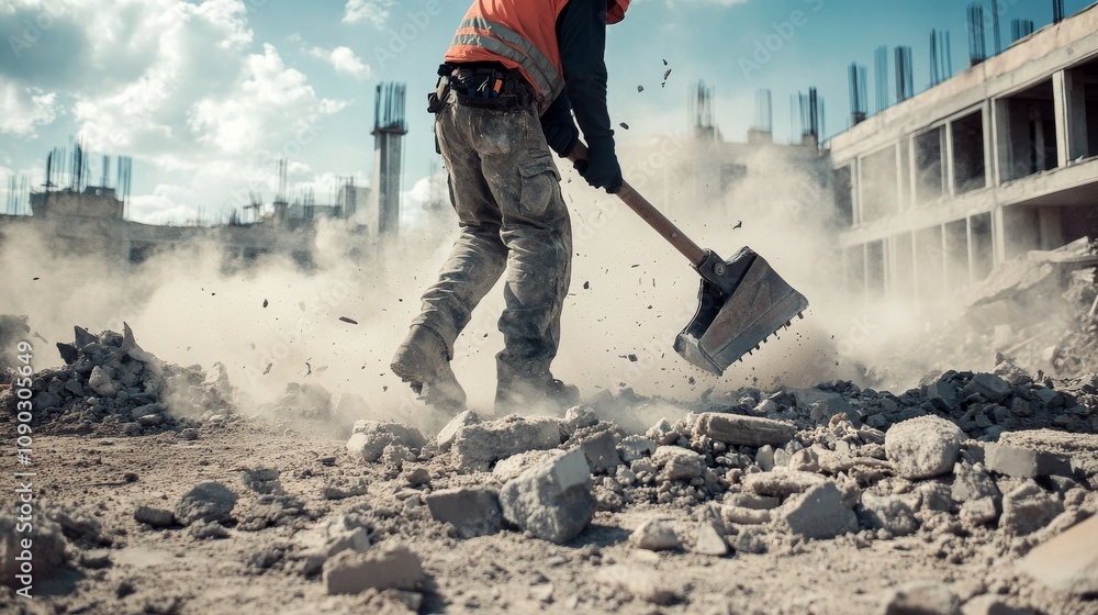 Poster a construction worker operating a jackhammer on a demolition site with debris flying, demolition sce