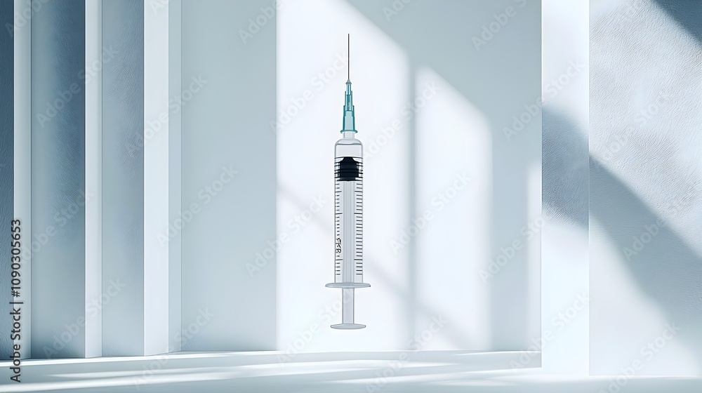 Poster a conceptual raw image of a large syringe suspended in a minimalist white space casting soft shadows