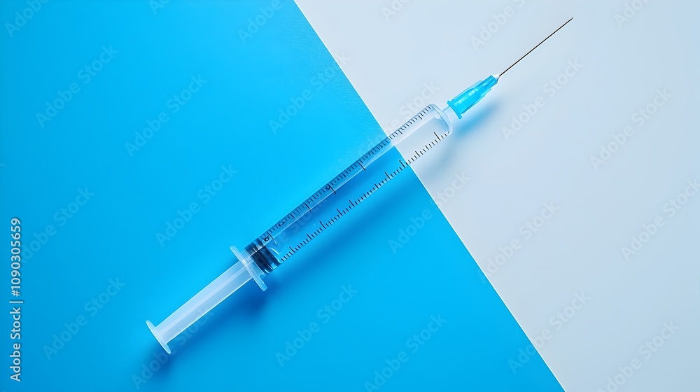 Poster A conceptual raw image showing a syringe filled with clear liquid positioned diagonally across a clean empty background with copy space for healthcare messaging or vaccine awareness