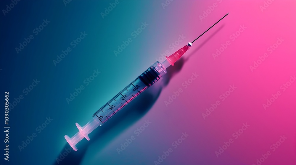 Poster conceptual raw image showcasing a syringe filled with clear liquid positioned diagonally across a cl
