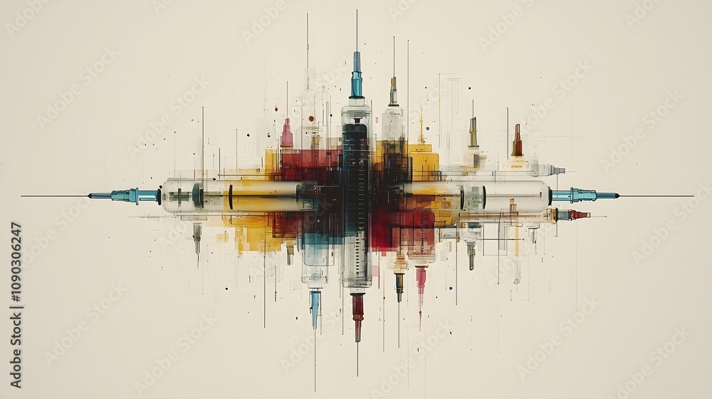 Poster a conceptual raw image showcasing an abstract and symmetrical arrangement of multiple medical syring