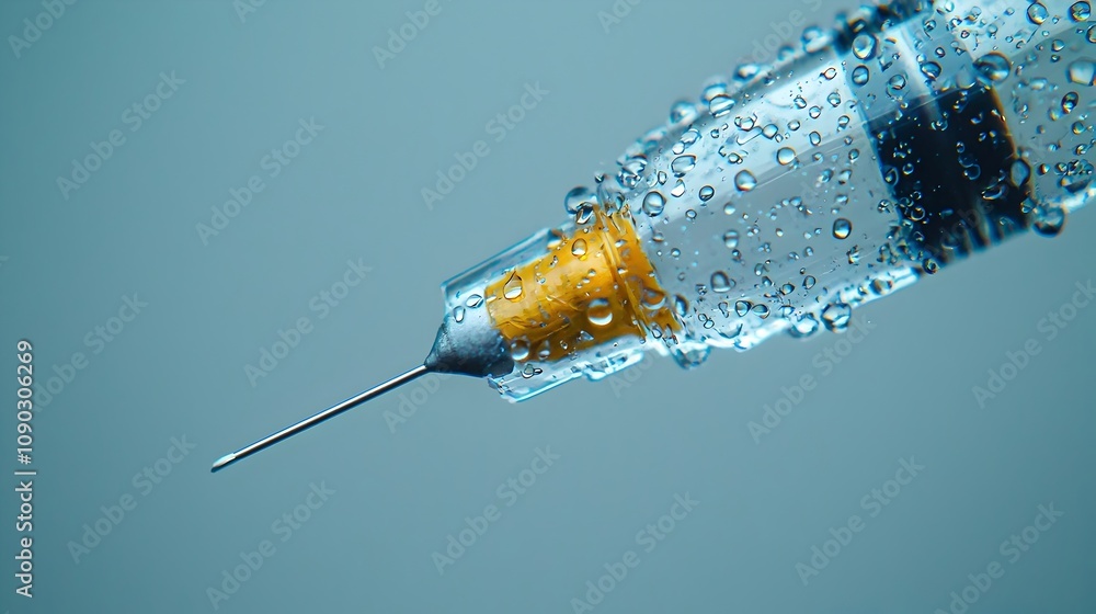 Poster conceptual close up image of a syringe tip the transparent liquid inside glistening under focused li