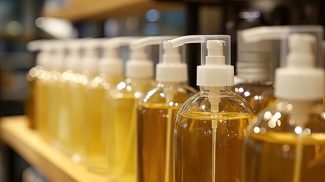 Elegant Display of Clear Liquid Soap Dispensers on Wooden Shelf in Modern Retail Setting, Emphasizing Cleanliness and Sophistication for Consumers