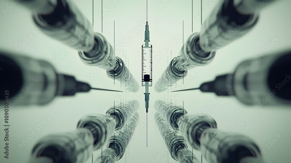Poster conceptual abstract image showcasing a symmetrical pattern of medical syringes against a neutral bac