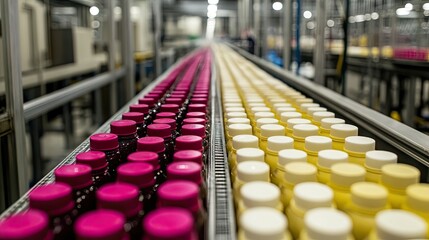 Obraz premium Industrial production line showcasing vibrant jars with pink and yellow lids in a large manufacturing facility, representing efficiency and modern technology in the food or cosmetic industry.