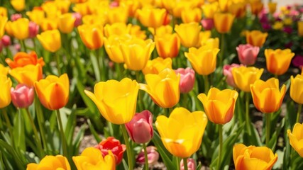 Fototapeta premium A stunning line of vibrant yellow tulips in full bloom, stretching elegantly across the frame, tulips, nature, sunny