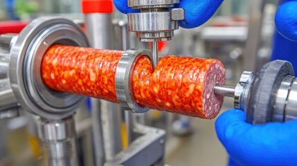 Precision in Process: Close-Up of Meat Production Mechanism with Bold Sausage Roll Being Shaped and Packed in a Modern Food Processing Facility