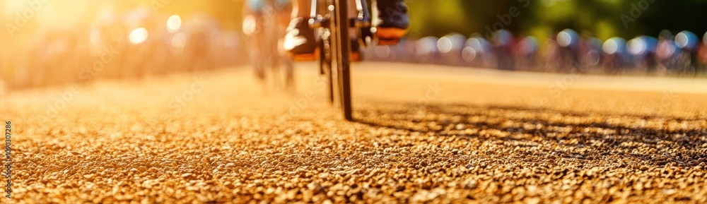 Poster a close-up of bicycle wheels on a gravel path during a cycling event.