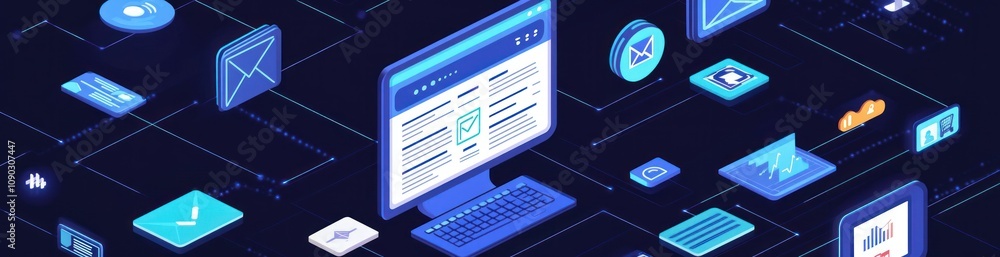 Poster Digital workspace with various icons representing communication and data.