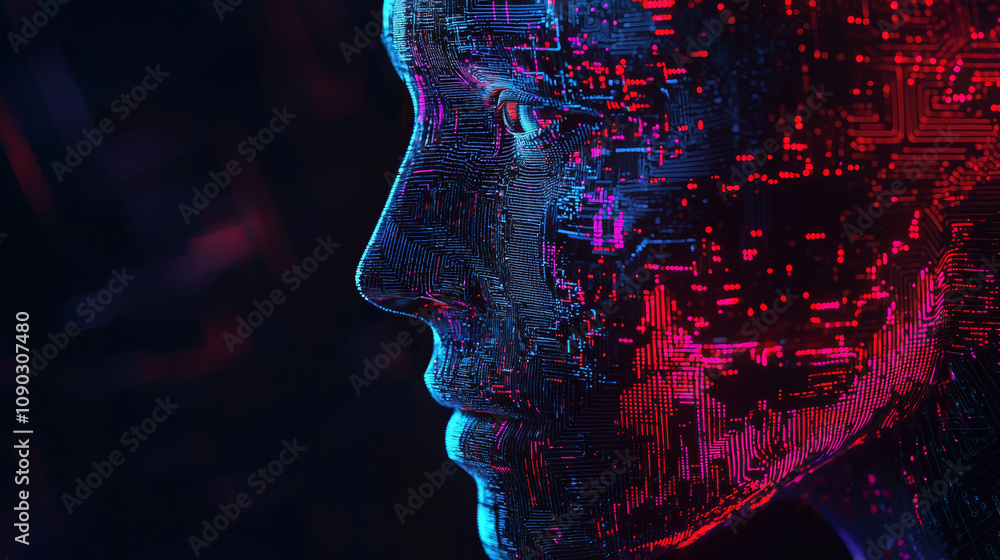 Wall mural digital face composed of pixels and circuits, showcasing vibrant colors and intricate patterns, symb