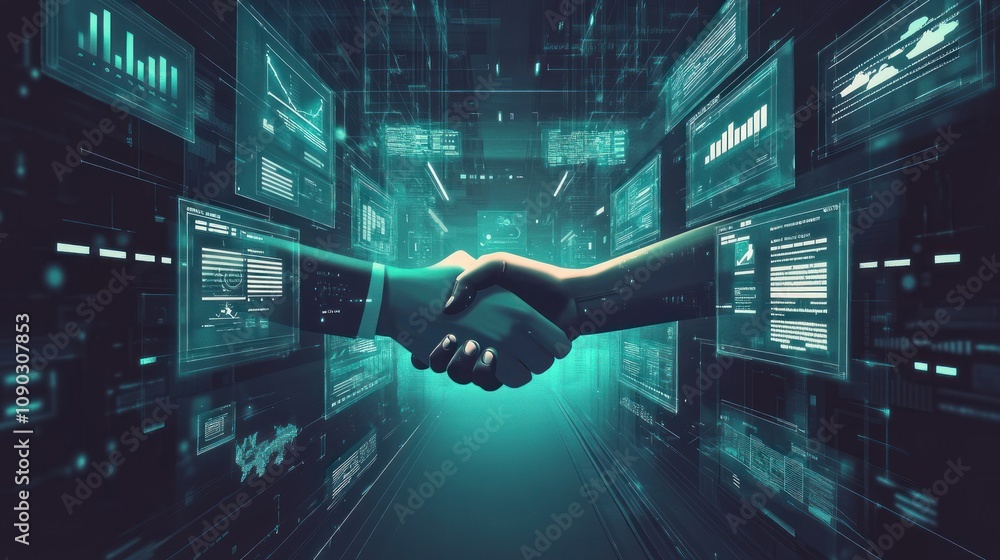 Poster a digital handshake symbolizes partnership and collaboration in a tech-driven world.