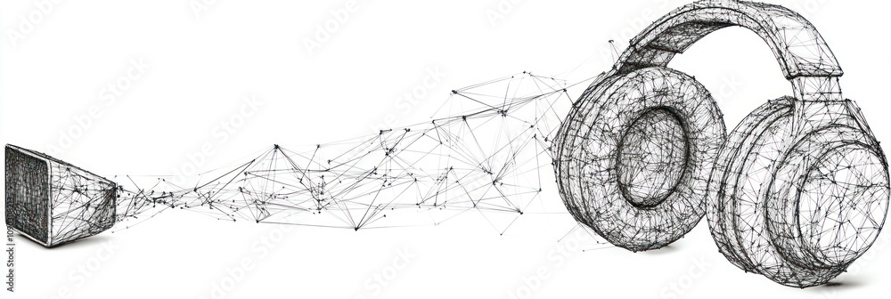 Poster A sketch of headphones and a speaker connected by a network of lines, symbolizing sound and technology.